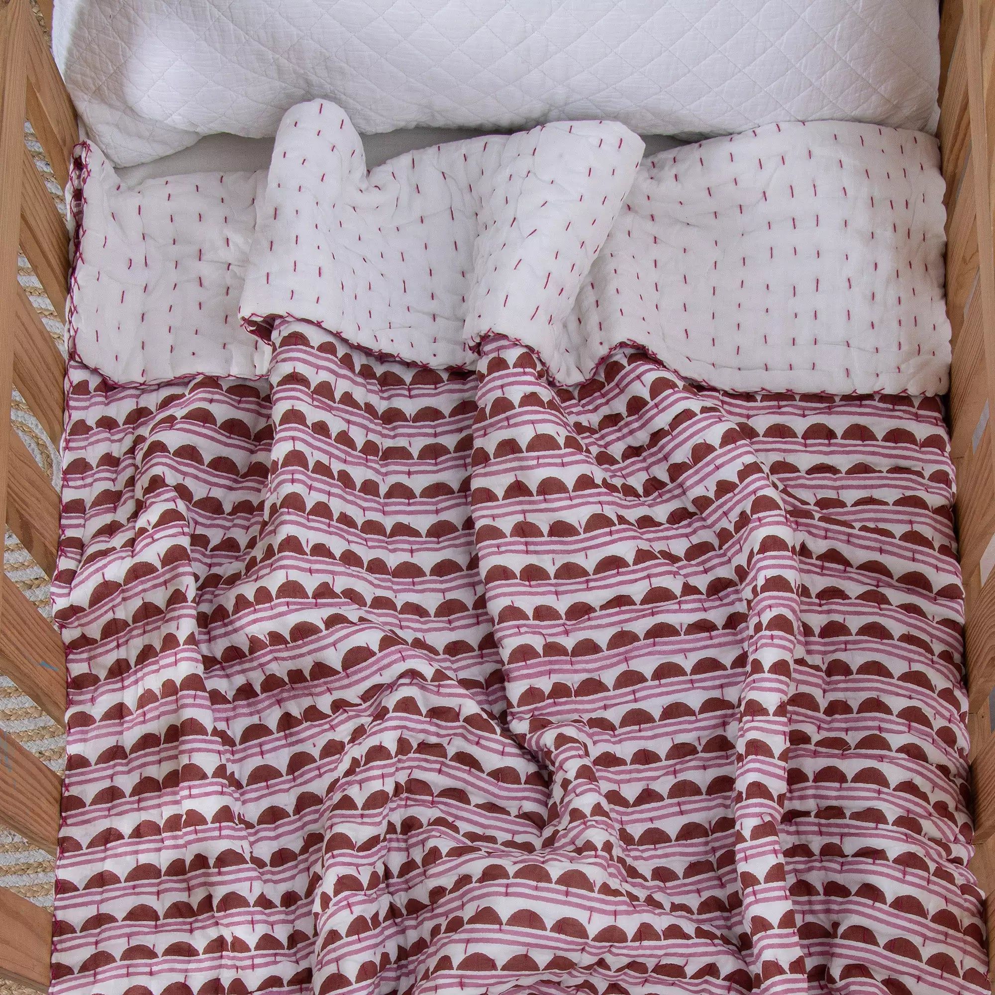 Premium Cotton Hand Block Red Geometric Baby Blankets For Winter 108
